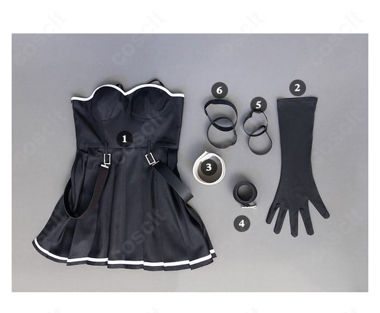 葬送のフリーレン ユーべル コスプレ セット内容一式。ワンピース、ベルト、腕飾り、手袋、太もも飾りの構成を明確に表示。