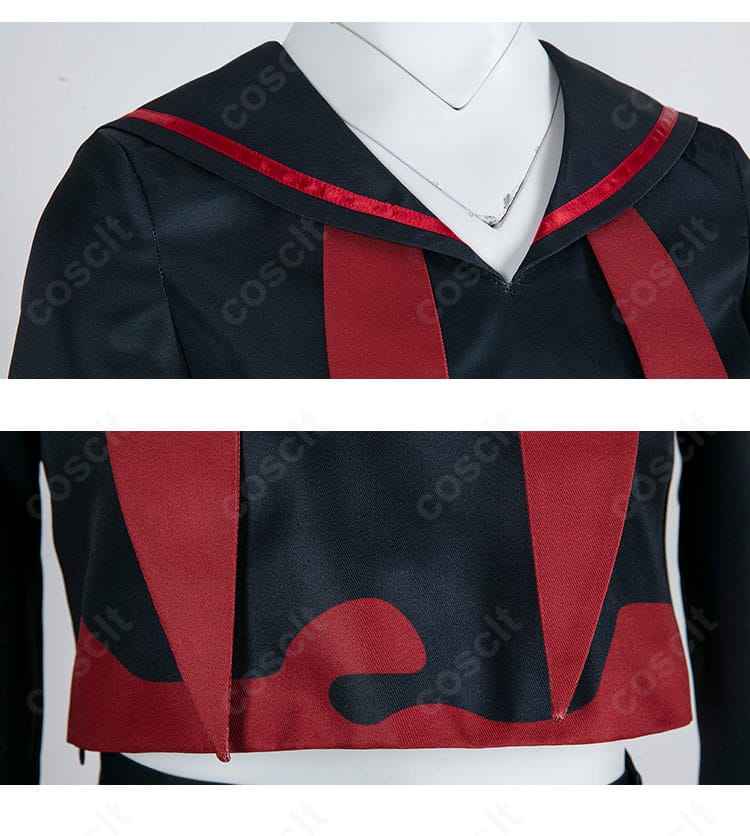 剣先ツルギ 制服コスプレの裾と襟元ディテール。精密な刺繍と端正なパイピングをクローズアップ。