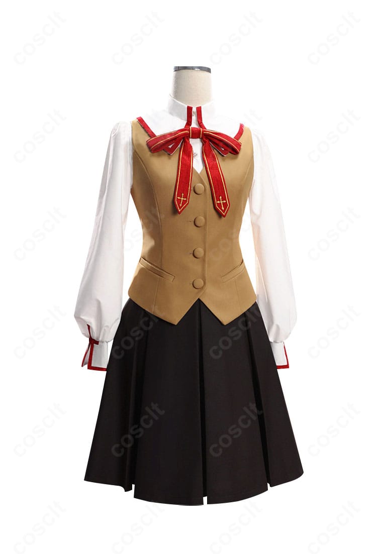 Fate/stay night 遠坂凛 冬制服コスプレ衣装の正面全身。ハリ感のあるシルエットと落ち着いた色味を確認できます。