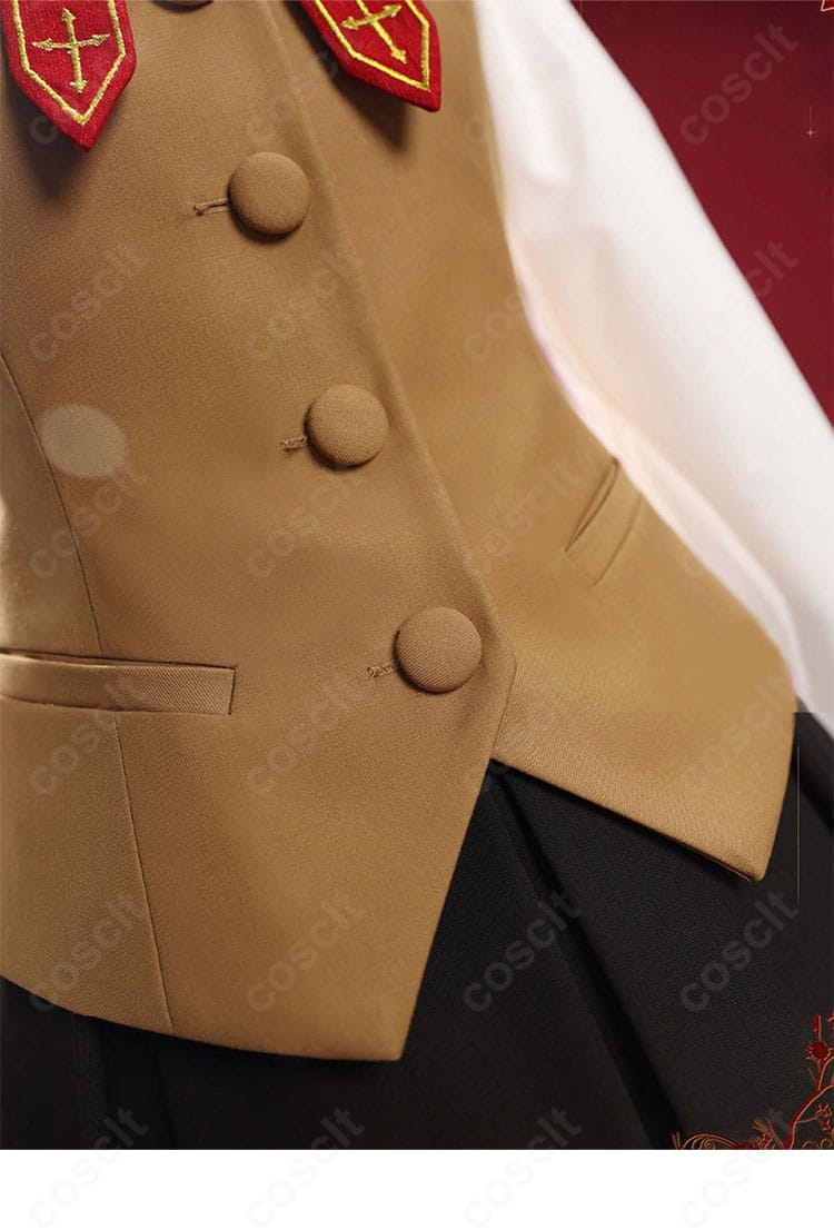 ベストの前立てとボタン周りの接写。門襟ラインと留め具の質感でクオリティを表現。