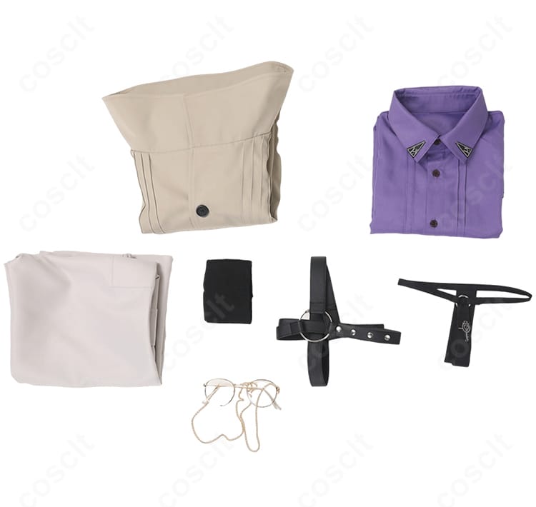 にじさんじ 叶 VVSコスプレ衣装のセット内容一式。コート、シャツ、ズボン、ネクタイ、ベルト、靴下、タトゥーシール、メガネを並べた写真。