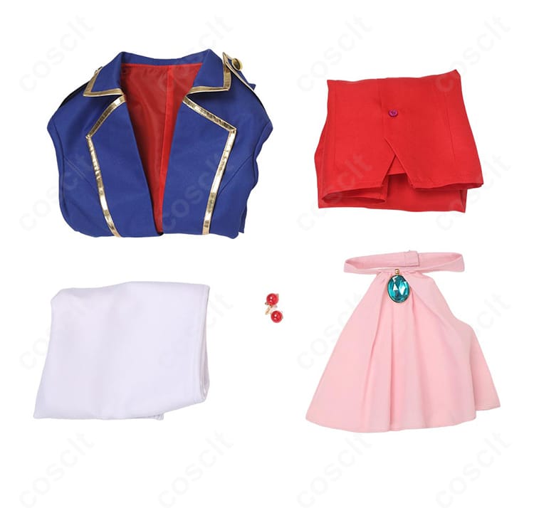 プリンセスピーチ Showtime! 剣士コスのセット内容一覧。コート、シャツ、ズボン、スカーフ、耳飾りの5点を掲載。