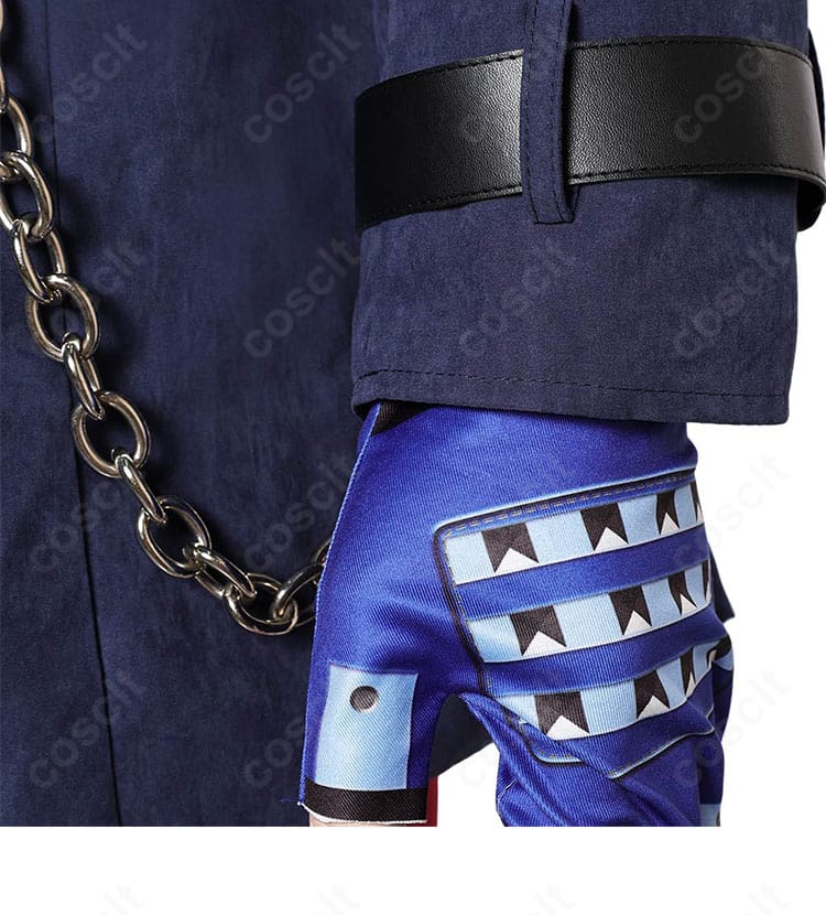 手袋と袖口装飾のディテール。パンチングポーズが映える立体的デザインと配色がポイント。