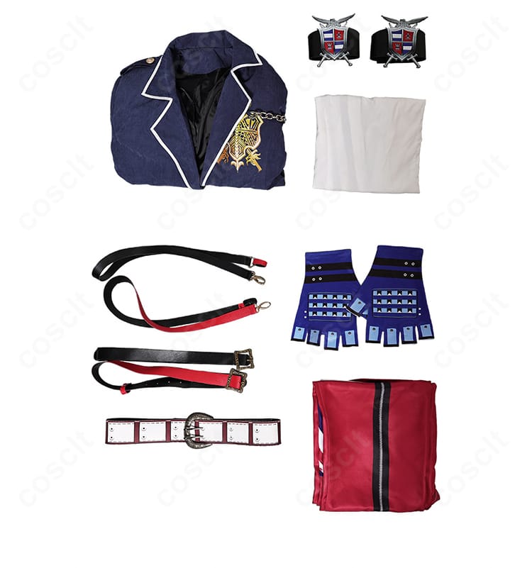 スティーブ・フォックス衣装のセット内容一覧。コート、シャツ、ズボン、手袋、各種ベルトが揃うフルセット。