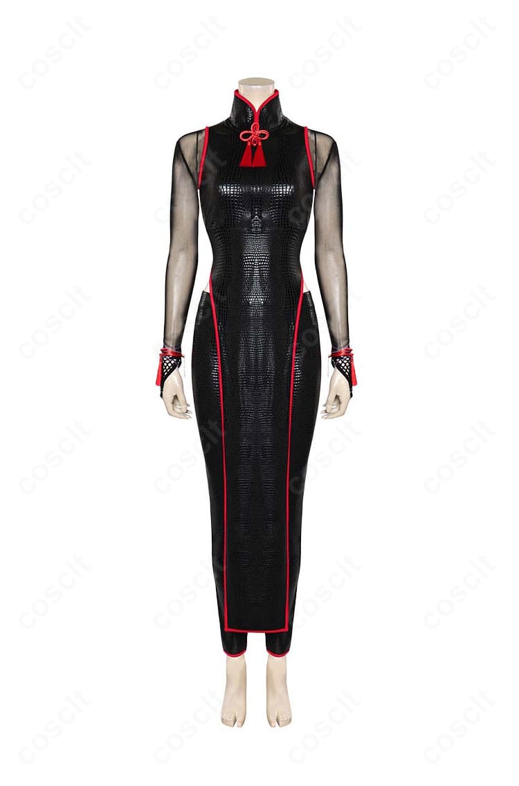 ストリートファイター6 A.K.I. コスプレ衣装の正面。黒×赤のチャイナ調デザインと刺繍、タイトなシルエットを高再現。