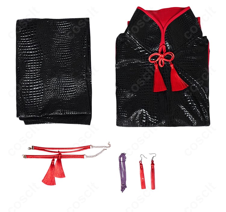 A.K.I.コスプレ衣装のセット内容一式。上着・ズボン・耳飾り・手首飾り・飾り物を平置きでわかりやすく撮影。