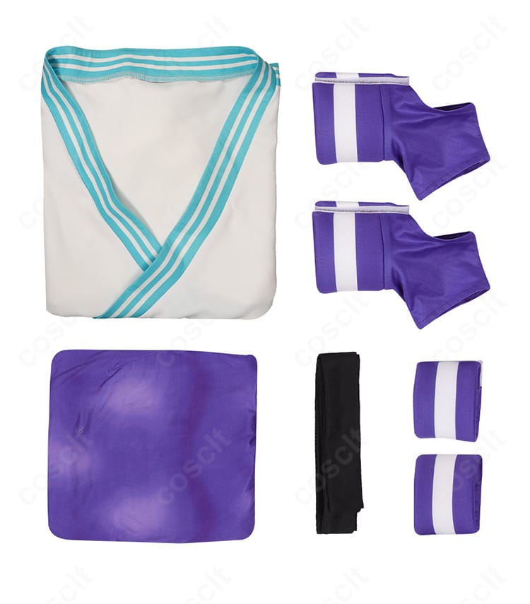 ストリートファイター6 マノン 通常衣装コスプレのセット内容一式。レオタード、コート、帯、手首飾り、足首飾りを並べて表示。