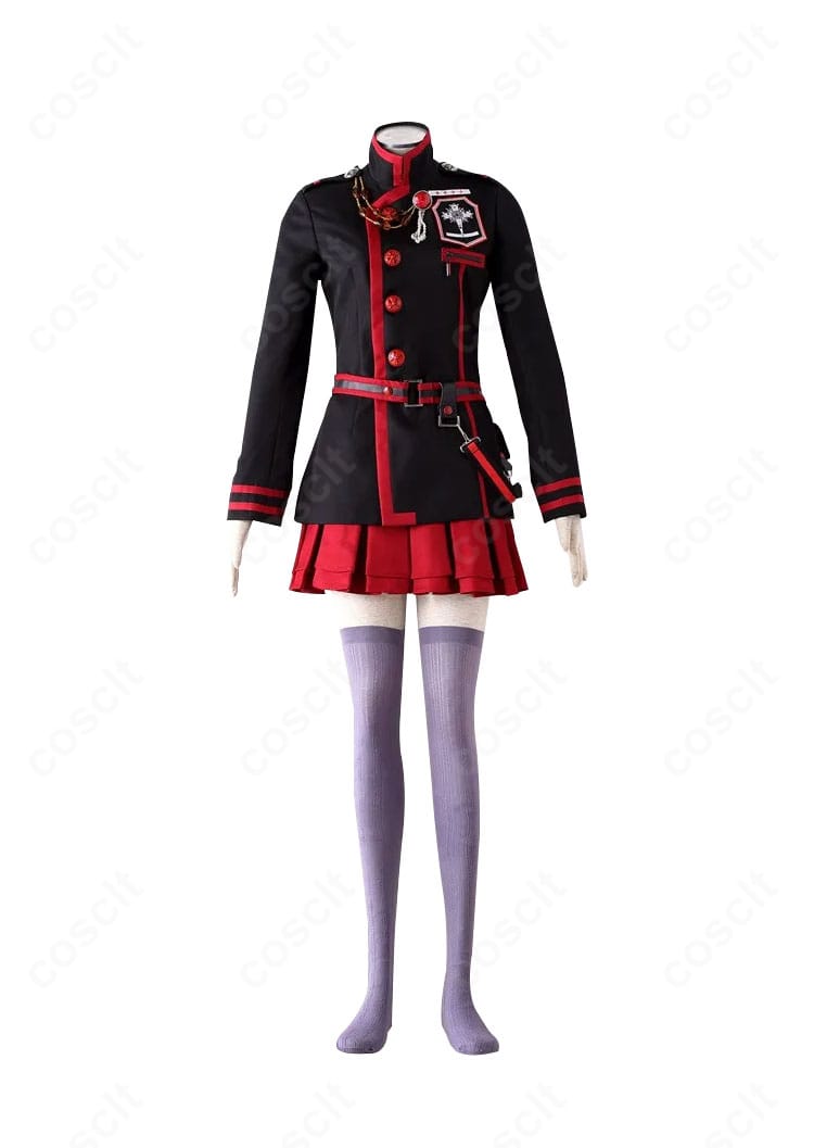 D.Gray-man リナリー・リー 黒の教団制服コスプレ一式の正面全身。落ち着いた色味と高再現の装飾がわかる画像