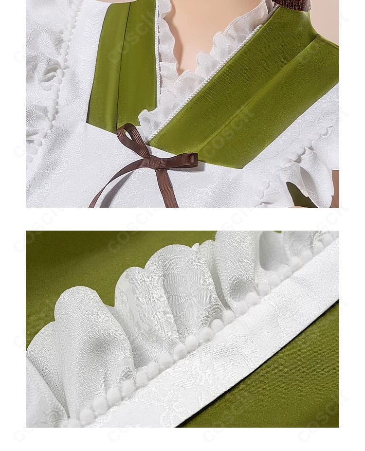 初音ミク 抹茶パフェ衣装の襟元ディテール。襟飾りとステッチが近接撮影でも映える仕立て。