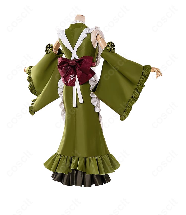 初音ミク 抹茶パフェ衣装の背面。大きな蝶結びと背中の切り替えラインがわかるデザインディテール。