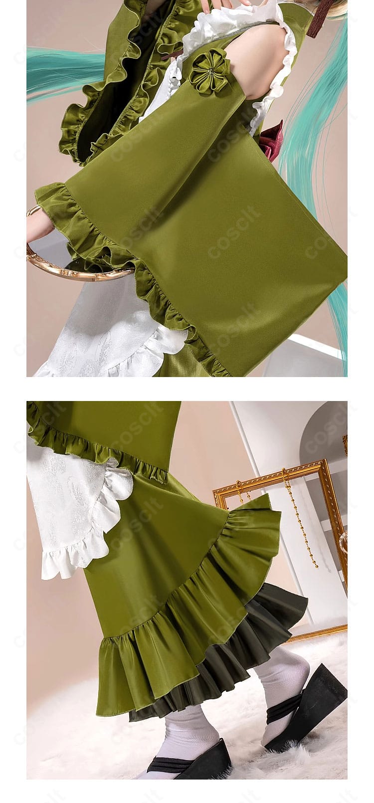 初音ミク 抹茶パフェ衣装の左襟周辺アップ。装飾の配置と色使いが美しく調和。