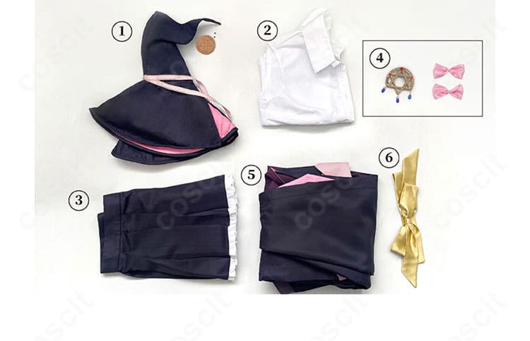 イレイナ「灰の魔女」コスプレのセット内容一覧。帽子、シャツ、スカート、胸飾り、コート、スカーフが揃うフルセット構成。