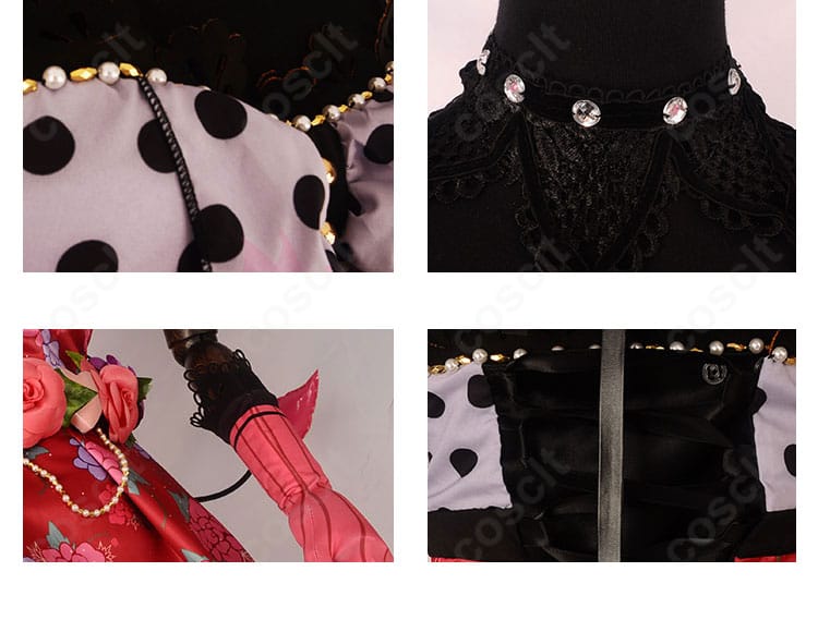 東條希 小悪魔編 覚醒後コスプレ衣装の装飾ディテール。刺繍風モチーフやアクセサリーの質感を捉えたクローズアップ