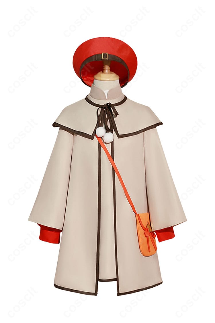 劇場版『SPY×FAMILY CODE: White』アーニャ・フォージャー私服コスプレ衣装の正面全景。帽子とバッグまで揃った高再現セット。