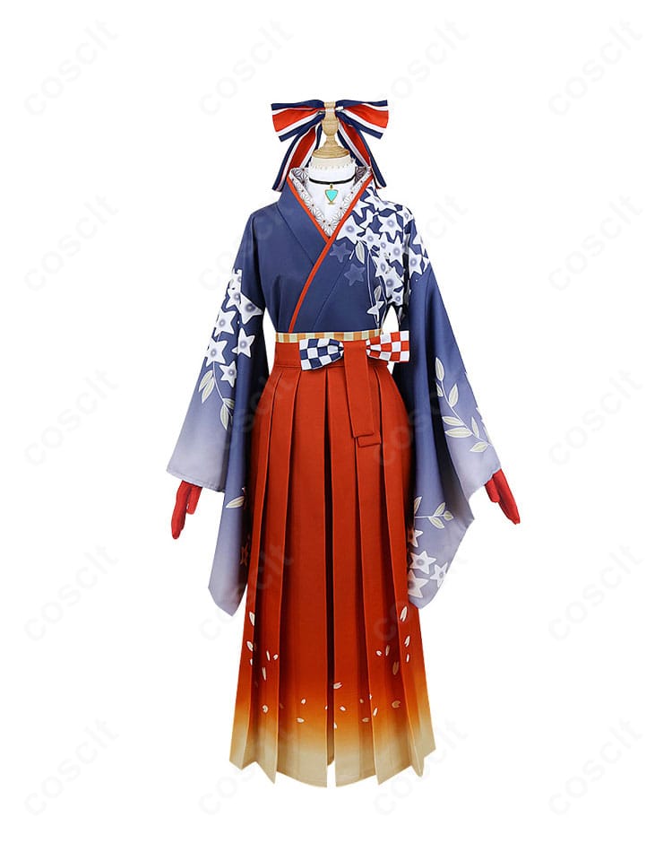 不知火フレア 正月衣装コスプレの正面全身。袴と帯、髪飾りを含むフルセットのディテールが分かる上品な和装スタイル。