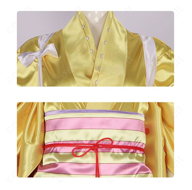 ONE PIECE 菊の丞 ワノ国衣装の襟元と帯(腰封)の装飾ディテール。配色と縫製の仕上がりが分かる接写。