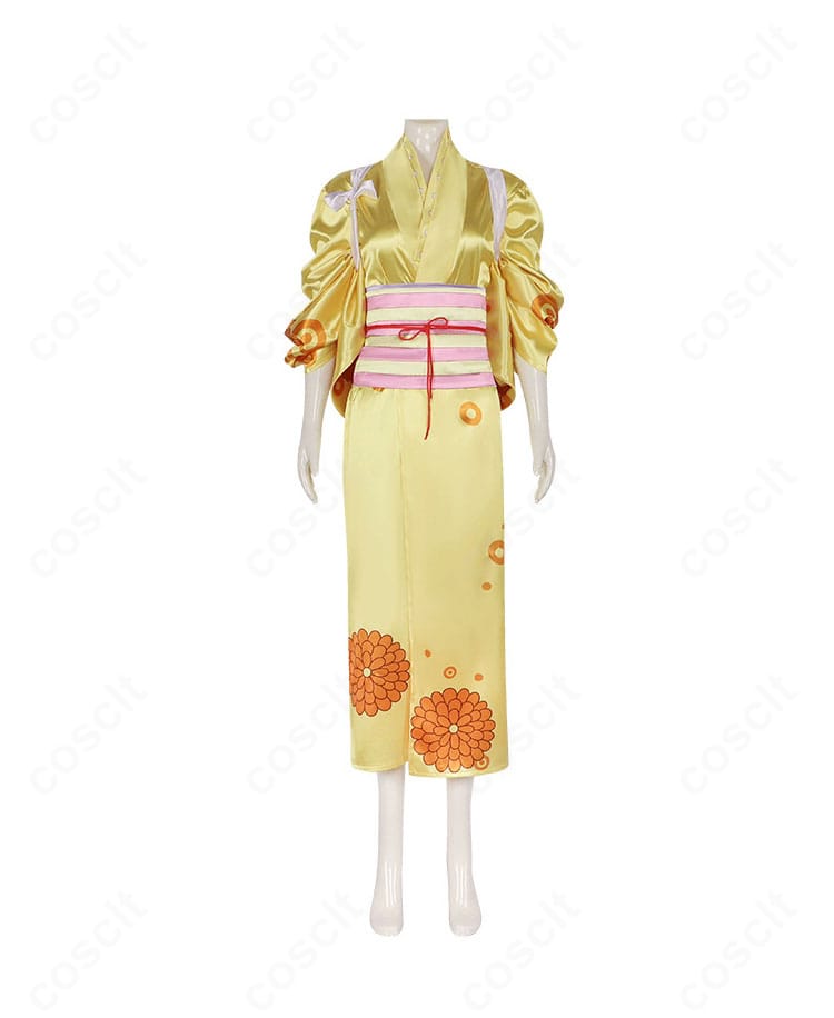 ONE PIECE 菊の丞 ワノ国衣装コスプレの正面全体。襟元から帯、裾まで高再現の和装シルエットが分かる商品画像。