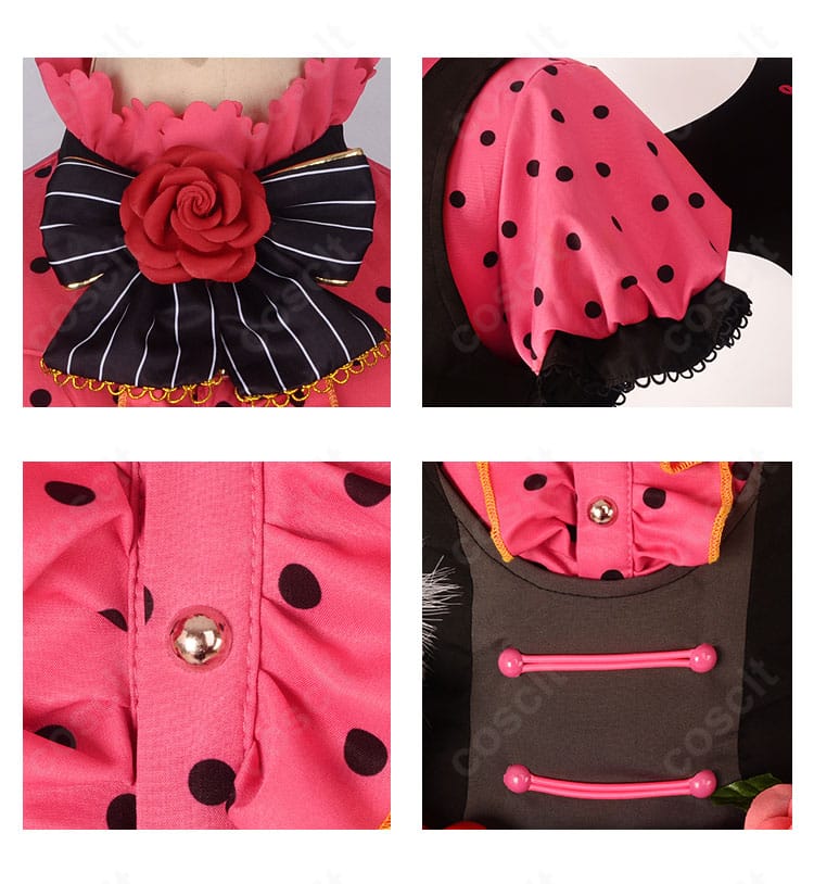 園田海未 コスプレ衣装の襟元・腰部・袖口装飾のクローズアップ。質感と縫製の細部を強調。