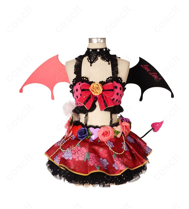 ラブライブ！スクフェス 絢瀬絵里 小悪魔編「小悪魔っぽい」覚醒後コスプレ衣装の正面。光沢生地と花柄装飾、胸元リボンを高再現した全体ビュー