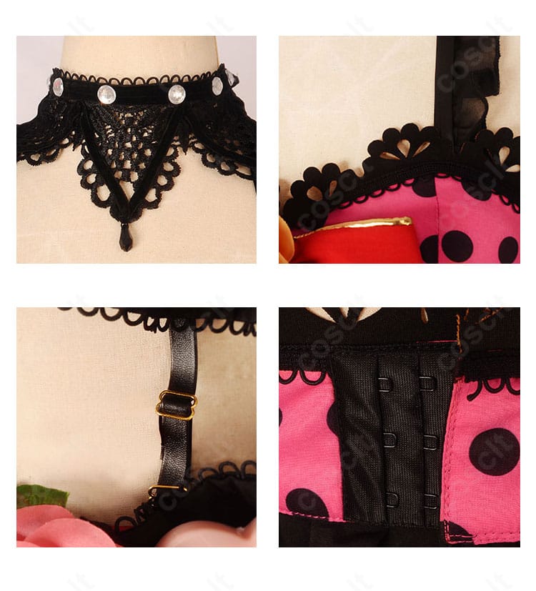 絢瀬絵里コスプレ衣装の装飾ディテール。花柄刺繍とアクセサリーの質感、縫製の仕上がりが見えるクローズアップ