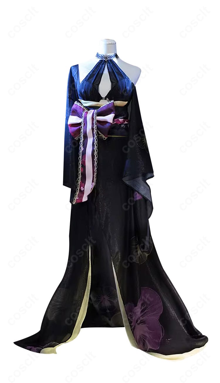 無期迷途 菫「長夜に花」コスプレ衣装の正面全体。浴衣とコルセットベルトの配色と装飾を鮮明に確認できます。