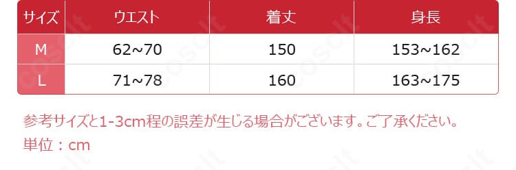 菫「長夜に花」コスプレ衣装のサイズ表。各サイズ（S〜XL）の寸法対応を一覧で確認できます。