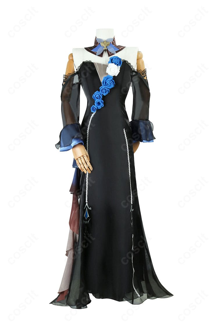 原神 エウルア・ローレンス コンサート2023衣装の正面全身。落ち着いた色味と刺繍が映える高再現ドレス。