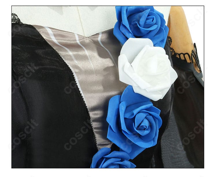 エウルア衣装の胸元と襟のディテール。配色とモチーフの再現度が高いフォーマル仕立て。