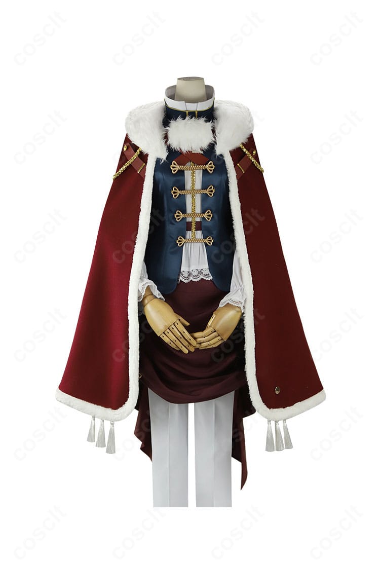 リバース：1999 エニセイ コスプレ衣装の正面全体図。白縁マントと帽子、腰布・装飾まで高再現のフルセットを着用した状態。