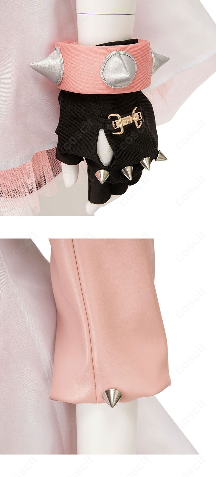 袖口と手袋のデザイン詳細。レース調の縁と装飾で手元までエレガントに再現。