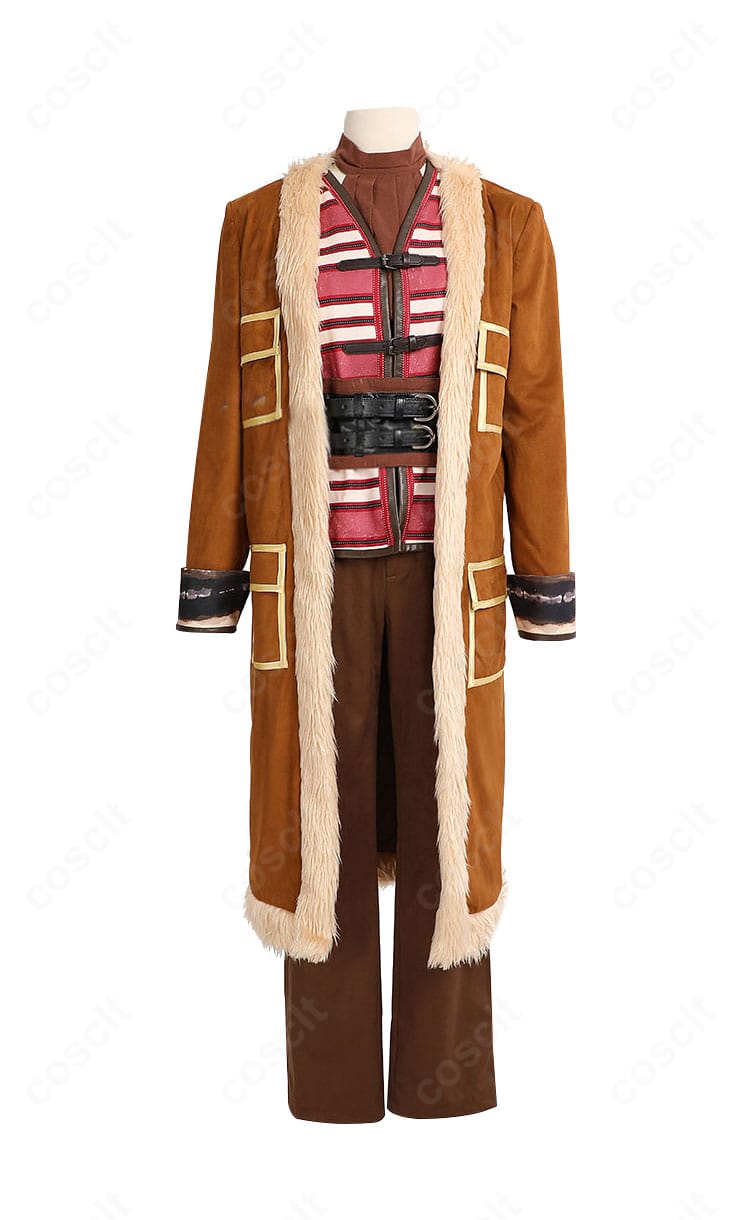 実写版ONE PIECE・千両道化のバギー コスプレ衣装の正面全身。ピエロ風コートと縞帽子を高再現