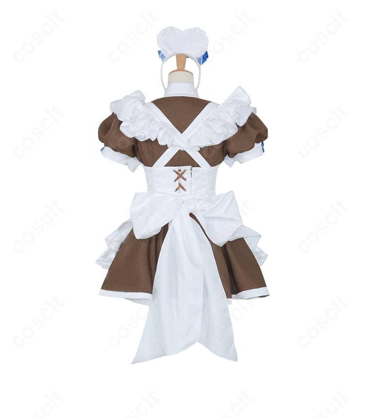 青いメイド服のバックビュー。落ち着いた発色とシルエット保持を重視した後ろ姿のディテール。