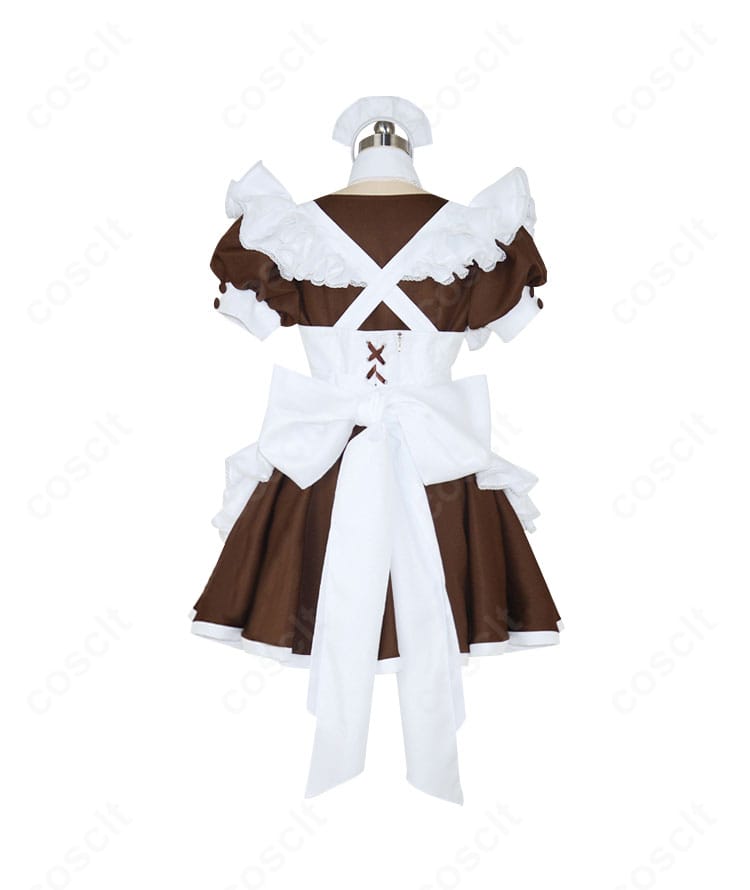 メイドカフェ風メイド服の背面。リボンとスカートのフレアが美しく見える後ろ姿のデザイン。