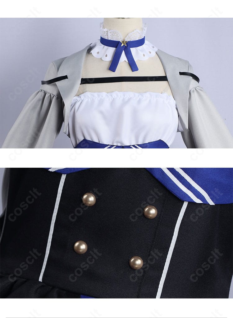 ドキバード衣装の上衣と腰飾りアップ。刺繍風ディテールと装飾の質感を強調したクローズアップ