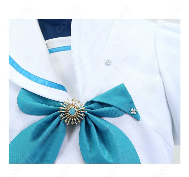 セーラー襟のリボン装飾ディテール。ラインの幅と結び目の形状を再現した近接カット