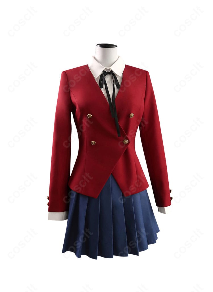 とらドラ! 逢坂大河 私立大橋高校 女子制服コスプレの正面全身。上衣コートとプリーツスカート、リボンまで高再現のデザイン。
