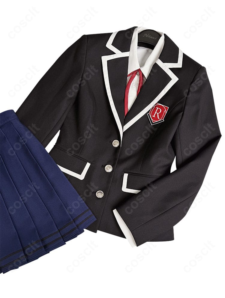 夜刀神十香 制服コスプレの装飾ディテール。ネックリボンと胸飾りの配置・形状を丁寧に再現し、上品な印象を強調。