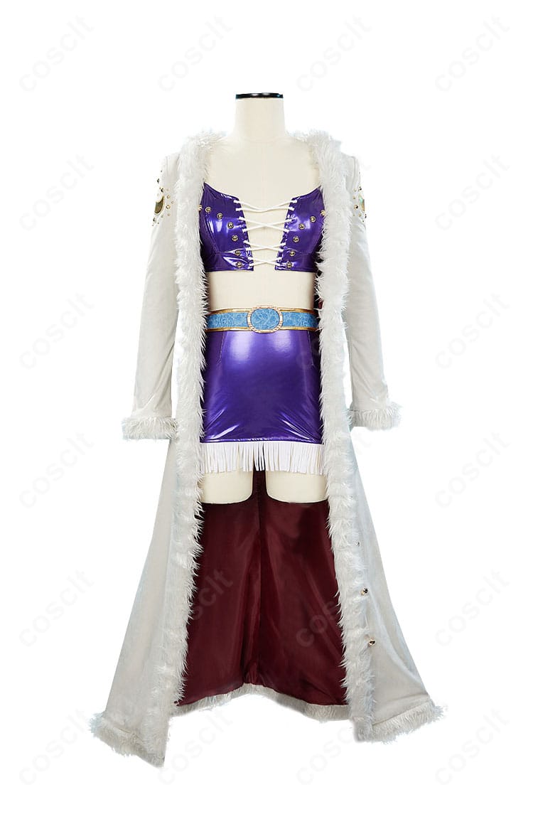 ワンピース・オン・アイス版ニコ・ロビン衣装の正面全体像。ファー付きコートと紫インナーの高再現ディテール
