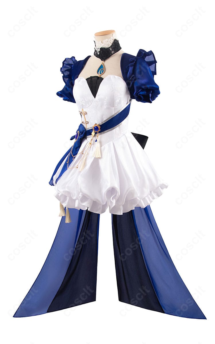 原神 フリーナ同人ドレスの側面。ウエストラインとスカートの広がり、装飾配置のバランスが分かるシルエット写真。