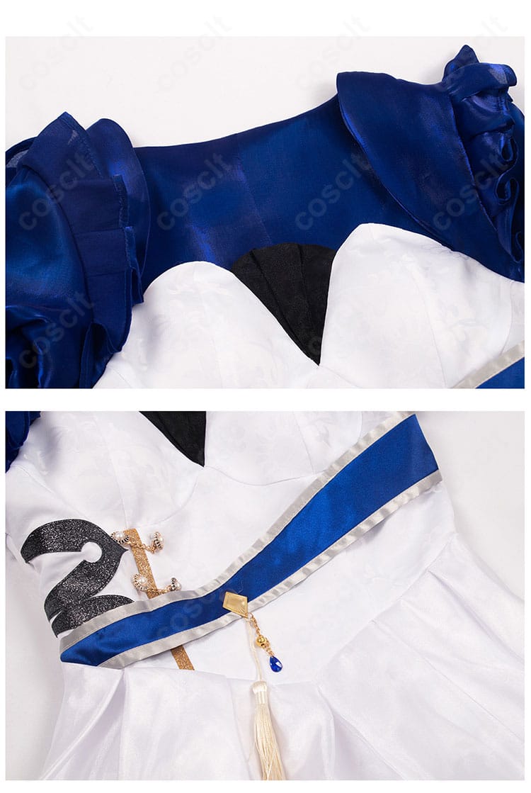 フリーナ同人ドレスの襟元と腰封ディテール。チョーカーと装飾パーツの質感、配色コントラストを接写で表現。