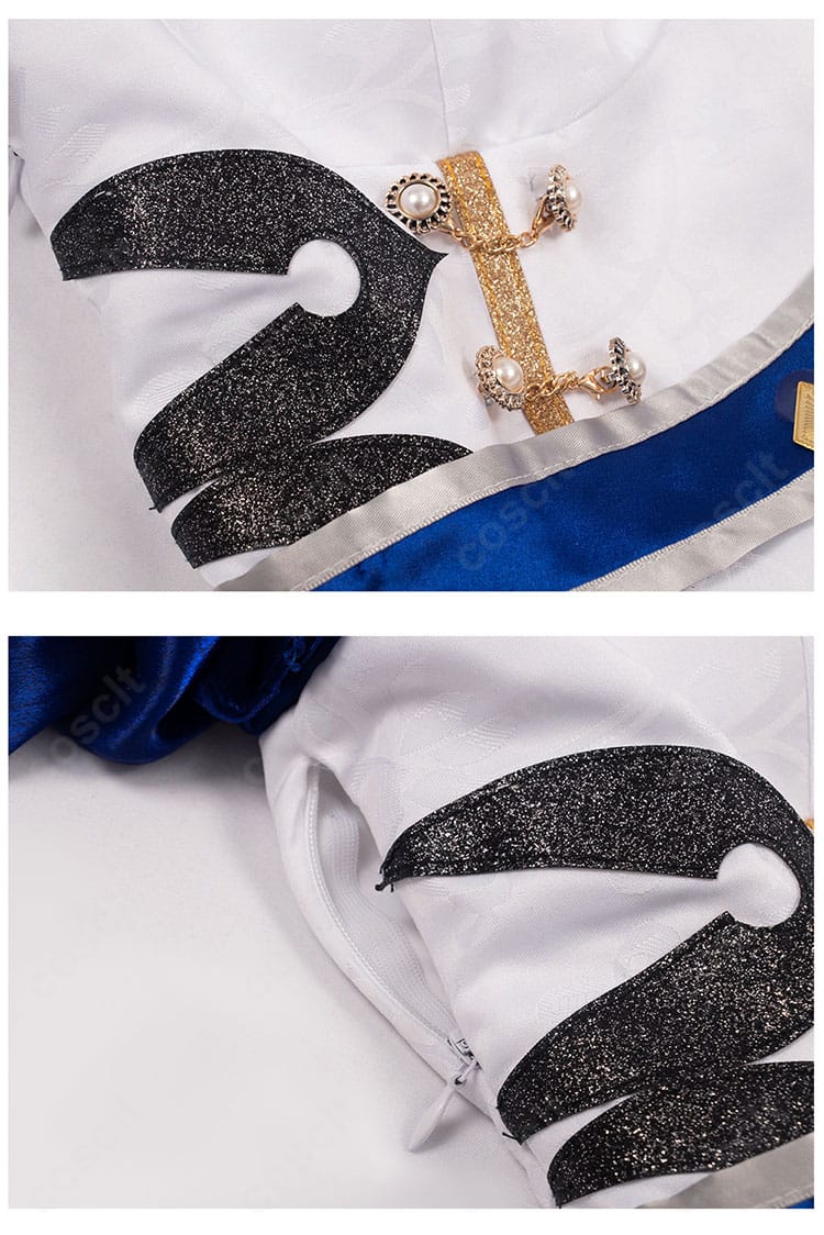 フリーナ同人ドレスの腰飾りアップ。立体的な装飾と縁取りステッチ、質感のある素材感が分かる拡大写真。