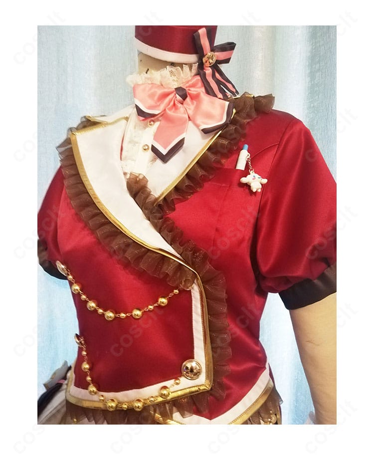 姫川友紀コスプレ衣装・上衣正面装飾の近接。刺繍モチーフとリボンの重なりを精緻に再現。