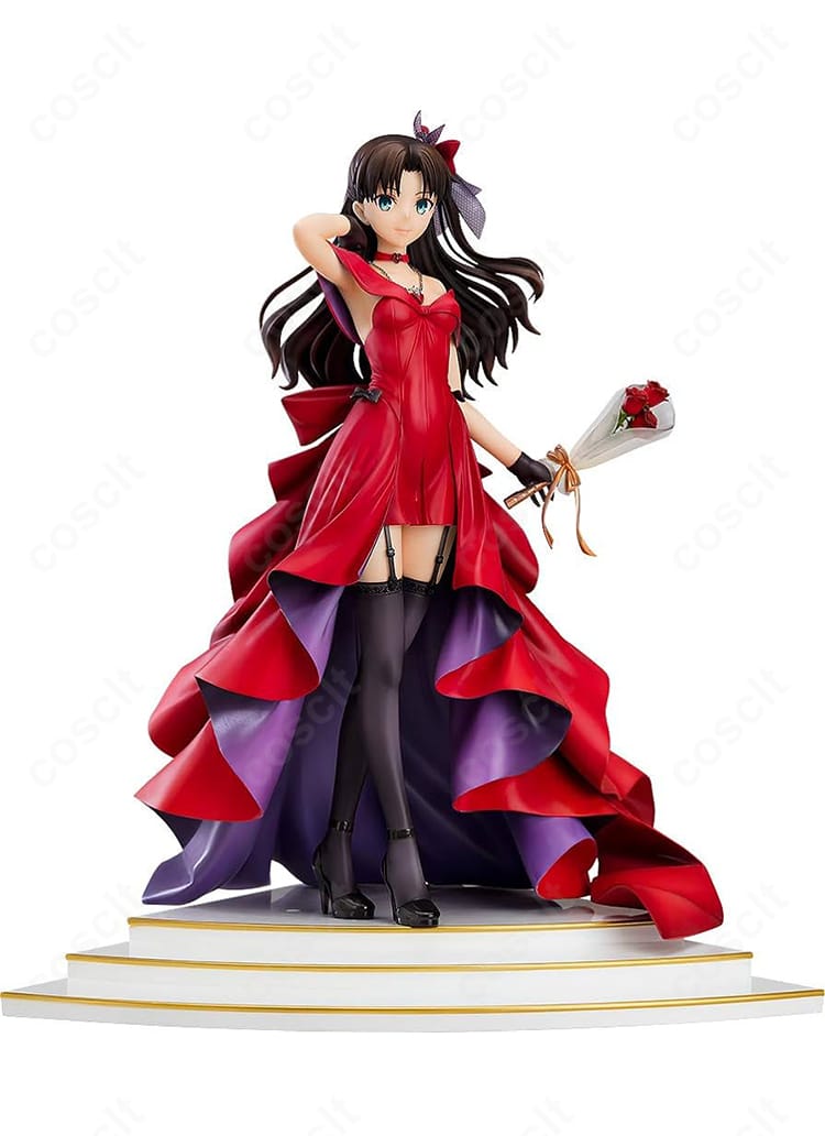 遠坂凛 15th Celebration Dress Ver.のコスプレ衣装一式。上品な落ち着いた色味のドレスに、髪飾りとチョーカーが付属し、イベントや撮影で高再現を叶えるセット。
