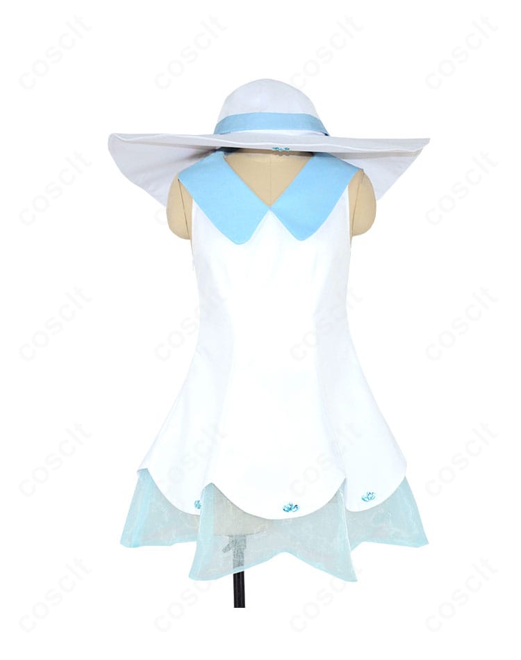リーリエ通常衣装の正面全身。白ワンピースとつば広帽子で高再現のコスプレセット