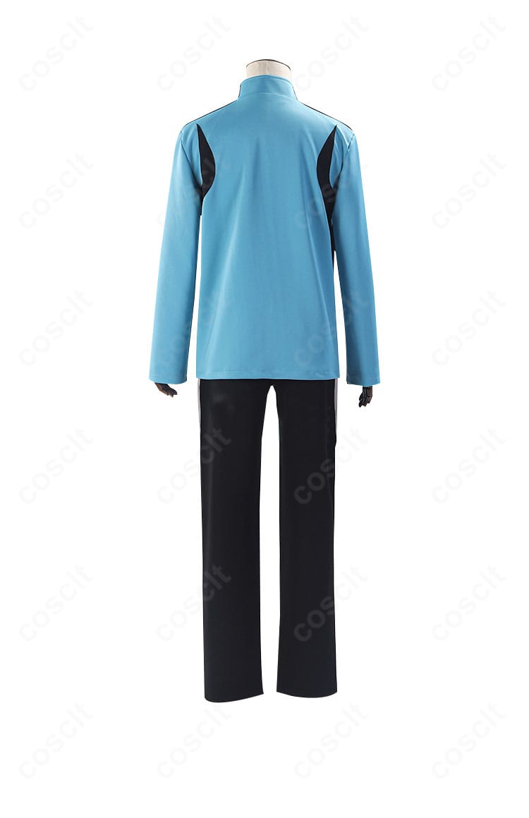 清瀬灰二コスチュームの背面。ライン配置と丈感が分かるディテールで、スポーティなシルエットを強調。