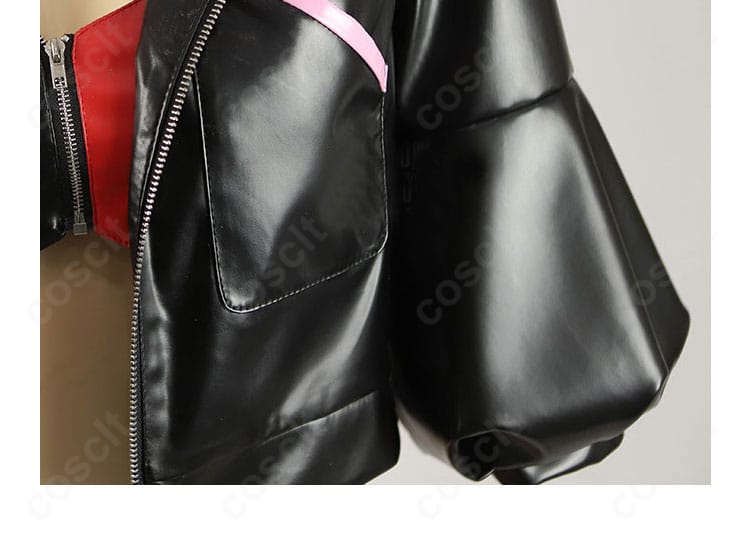 ハーレイ・クイン衣装の袖口と襟まわりの装飾。イベントや撮影で映えるディテール。