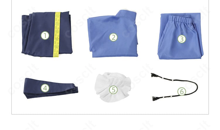 薬屋のひとりごと 壬氏 子供用コスプレのセット内容。コート・トップス・ズボン・帯・髪飾りの5点が並んだ画像