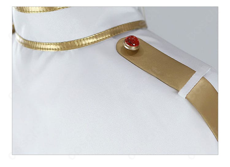 フリーレン衣装の肩〜袖のデザイン。縫製ラインと装飾パーツの配置がわかるアップ。