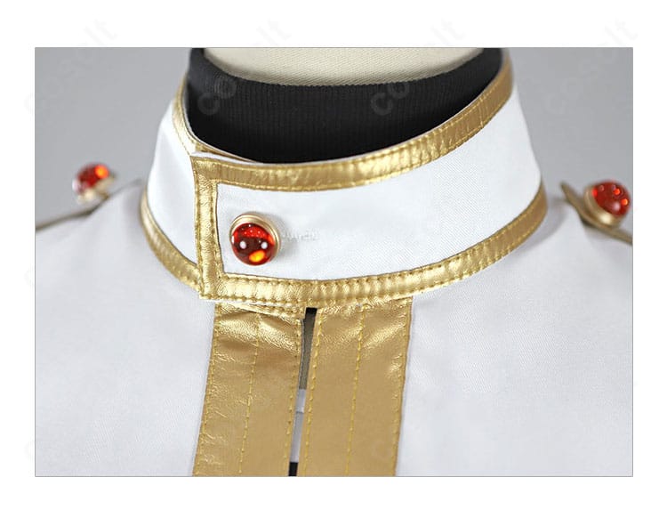 フリーレン衣装の襟元ディテール。配色切り替えと刺繍装飾を近接で示したアップ。