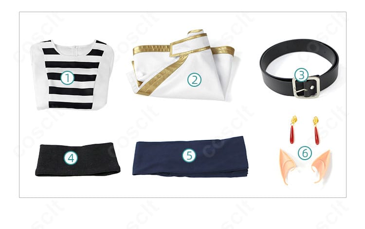 フリーレン 子供用コスプレのセット内容一式。ワンピース、マント、ベルト、スヌード、タイツ、エルフ耳、耳飾りを並べて紹介。